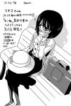  1girl bench black_hair blush briefcase cyclops hand_on_own_cheek hat hat_removed headwear_removed long_sleeves manako monochrome monster_musume_no_iru_nichijou one-eyed shake-o sitting skirt solo sun_hat tears timestamp translation_request 