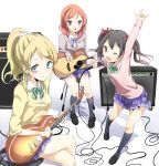 3girls ;d ayase_eli black_hair blue_eyes bow chiigo crossed_legs electric_guitar guitar hair_bow highres instrument looking_at_viewer love_live!_school_idol_project microphone multiple_girls nishikino_maki one_eye_closed open_mouth plaid plaid_skirt ponytail red_eyes redhead school_uniform short_hair simple_background sitting skirt smile twintails violet_eyes white_background yazawa_nico 