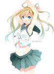  1girl :d absurdres abukuma_(kantai_collection) armpits blonde_hair blue_eyes breasts dated highres kantai_collection long_hair midriff miniskirt navel open_mouth pleated_skirt school_uniform serafuku simple_background skirt sleeveless smile solo tbd11 twintails white_background 