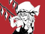 1girl ascot flandre_scarlet hat looking_at_viewer monochrome open_mouth red_background ribbon saliva shika_miso short_hair side_ponytail simple_background smile solo touhou wings 