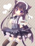  1girl animal_ears black_hair black_legwear cat_ears cat_tail finger_in_mouth garter_straps holding inu_x_boku_ss kemonomimi_mode long_hair looking_at_viewer maid maid_headdress shirakiin_ririchiyo solo sumii tail thigh-highs violet_eyes wrist_cuffs 