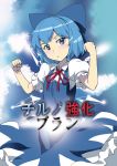  1girl blue_dress blue_eyes blue_hair blue_sky bow cirno clouds commentary_request doujinshi dress hair_bow ice ice_wings looking_at_viewer puffy_short_sleeves puffy_sleeves shirt short_sleeves sinzan sky solo touhou wings 