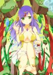  1girl barefoot blush breasts circlet cleavage dirt flower gaia_(p&amp;d) green_eyes hair_ornament jewelry kurobane_(fukurou15) large_breasts long_hair looking_at_viewer purple_hair puzzle_&amp;_dragons sitting skirt smile solo white_skirt 