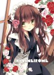  1girl :d animal_ears brown_hair cat_ears cover cover_page doujin_cover flower green_eyes hair_ornament japanese_clothes lolita_fashion long_hair looking_at_viewer maid maid_headdress mizuki_(pixiv2254368) open_mouth original rose smile solo wa_lolita 