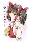  1girl ascot bow brown_eyes brown_hair detached_sleeves expressionless hair_bow hakurei_reimu highres mimoto_(aszxdfcv) ribbon-trimmed_sleeves ribbon_trim touhou translation_request twintails 