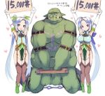  1boy 2girls ankle_boots bald bdsm blue_hair bondage boots breasts chain crying cuffs elbow_gloves elf flat_chest garter_straps gloves green_skin large_breasts leotard low_ponytail mel/a multiple_girls orc pointy_ears role_reversal shackles sign slave thigh-highs tusks twintails violet_eyes 