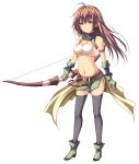  1girl bandeau bare_shoulders belt big_wednesday black_legwear bow_(weapon) brown_eyes brown_hair full_body gloves green_gloves long_hair navel sennen_sensou_aigis skirt solo soma_(sennen_sensou_aigis) standing thigh-highs weapon white_background 