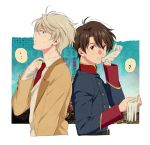  2boys aldnoah.zero blonde_hair brown_eyes brown_hair cosplay costume_switch gloves green_eyes kaizuka_inaho kaizuka_inaho_(cosplay) military military_uniform multiple_boys necktie school_uniform short_hair silver_hair slaine_troyard slaine_troyard_(cosplay) uniform white 