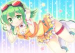  1girl breasts cleavage frilled_skirt frills goggles goggles_on_head green_eyes green_hair gumi hands_on_headphones harimoji headphones headset looking_at_viewer short_hair skirt smile solo vocaloid 