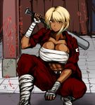  1girl abs baseball_bat blonde_hair breasts budget_sarashi cleavage dark_skin ear_piercing earrings ganguro highres jewelry large_breasts mumumu_(gurudebaruden) open_clothes original over_shoulder piercing sarashi short_hair solo squatting sukeban track_suit translation_request weapon weapon_over_shoulder wrist_wraps yellow_eyes 