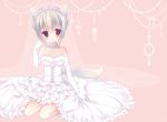  1girl animal_ears bare_shoulders brown_eyes choker collarbone dress elbow_gloves flower flower_on_head fox_ears fox_tail frills gloves hair_ornament looking_at_viewer original silver_hair sitting smile solo sumii tail wedding_dress white_dress white_gloves 