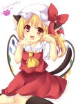  1girl :d animal_ears black_legwear blonde_hair cat_ears cat_tail fang flandre_scarlet hat kemonomimi_mode looking_at_viewer mob_cap open_mouth paw_pose red_eyes sitting smile solo tail touhou translation_request uguisu_mochi_(ykss35) wings 