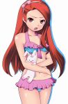  1girl brown_hair hair_ribbon hairband idolmaster long_hair looking_at_viewer midriff minase_iori momo_(fruits_box) navel open_mouth red_eyes ribbon solo stuffed_animal stuffed_bunny stuffed_toy swimsuit 