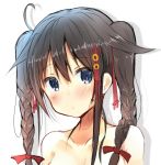  1girl alternate_hairstyle atsutoku blue_eyes braid collarbone hair_ornament kantai_collection long_hair looking_at_viewer out-of-frame_censoring portrait shigure_(kantai_collection) solo twintails 