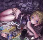  1girl ahoge bags_under_eyes blonde_hair blue_eyes cellphone cigarette cigarette_box clothes_writing controller electric_fan elf facial_mark forehead_mark geeto_gaadian lighter lying messy_room midriff navel on_side original phone pillow plate playstation_vita pointy_ears remote_control shirt shirt_lift shorts sketch smartphone smoking soda_can solo tissue_box 
