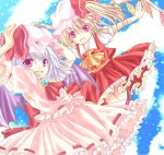  2girls :d ascot bat_wings blonde_hair flandre_scarlet hands_on_headwear hat looking_at_viewer maya_(tirolpop) mob_cap multiple_girls open_mouth outstretched_arms remilia_scarlet short_hair side_ponytail silver_hair smile spread_arms touhou violet_eyes wings 