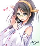  1girl artist_name bare_shoulders blush detached_sleeves glasses green-framed_glasses grey_eyes grey_hair hairband haryuu_(poetto) headgear japanese_clothes kantai_collection kirishima_(kantai_collection) looking_at_viewer microphone musical_note nontraditional_miko short_hair simple_background solo white_background 