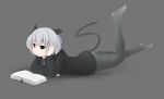  1girl animal_ears ass black_legwear blue_eyes book bottomless cat_ears cat_tail franz_(franz2171) full_body grey_background hand_on_head head_rest highres hoodie long_sleeves lying on_stomach panties reading sanya_v_litvyak short_hair silver_hair simple_background solo strike_witches tail underwear 