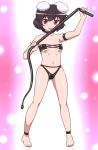  1girl arm_strap bare_arms bare_legs bare_shoulders barefoot black_legwear choker collarbone dominatrix inaba_tewi latex latex_bra latex_panties licking_weapon looking_at_viewer navel panties rabbit red_eyes shirosato short_hair small_breasts solo touhou underwear whip 