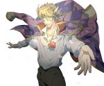  1boy blonde_hair caesar_anthonio_zeppeli cosplay facial_mark heicrosshong highres howl_(cosplay) howl_(howl_no_ugoku_shiro) howl_no_ugoku_shiro jacket_on_shoulders jewelry jojo_no_kimyou_na_bouken necklace outstretched_arms red_stone_of_aja solo 