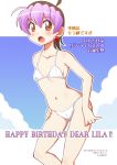  1girl bikini brown_eyes eternal_melody happy_birthday highres izumi_masashi lila_maim multicolored_hair purple_hair short_hair swimsuit two-tone_hair 