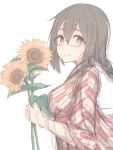  1girl brown_hair flower glasses highres looking_at_viewer shuuichi simple_background sketch smile solo sunflower white_background 
