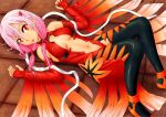  1girl bare_shoulders black_legwear breasts center_opening cleavage detached_sleeves elbow_gloves fingerless_gloves fujii_isana gloves guilty_crown hair_ornament hairclip long_hair looking_at_viewer lying navel pink_hair red_eyes solo thigh-highs twintails yuzuriha_inori 