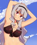  1girl armpits arms_up bikini_top breasts cleavage hairband idolmaster long_hair momo_(fruits_box) red_eyes shijou_takane silver_hair smile solo 