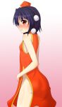  1girl black_hair blush breasts china_dress chinese_clothes embarrassed hat no_panties nose_blush pom_pom_(clothes) red_eyes shameimaru_aya short_hair side_cutout sideboob solo teoi_(good_chaos) tokin_hat touhou 