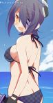  1girl 9law :o bare_shoulders bikini black_bikini black_gloves blush breasts butt_crack checkered checkered_bikini cowboy_shot eyepatch from_behind gloves headgear highres kantai_collection looking_back purple_hair short_hair solo swimsuit sword tenryuu_(kantai_collection) twitter_username weapon 