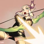  1girl arrow bare_shoulders belt blonde_hair bow_(weapon) cra dress evangelyne folded_ponytail freckles gloves glowing glowing_weapon green_eyes hair_ornament hairclip pointy_ears sleeveless sleeveless_dress small_breasts solo thigh-highs tsukudani_(coke-buta) tunic wakfu weapon 