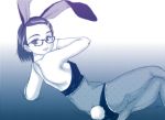  1girl animal_ears ass bangs breasts bunny_girl bunny_tail bunnysuit detached_collar fake_animal_ears fishnet_pantyhose fishnets forehead glasses hair_ornament hairclip looking_back original p.i.l. pantyhose parted_bangs parted_lips rabbit_ears semi-rimless_glasses short_hair sideboob small_breasts smile solo tail under-rim_glasses wrist_cuffs 