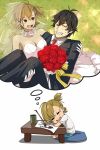  1boy 1girl barakamon black_hair blonde_hair bouquet breasts bridal_veil brown_eyes calligraphy_brush carrying child child_drawing cleavage clenched_teeth cup dreaming dress drooling elbow_gloves flower gloves handa_seishuu highres igneous25 jacket kotoishi_naru necktie older open_mouth paintbrush pants pillow ponytail princess_carry role_reversal sitting sleeping smile strapless_dress table veil wedding wedding_dress white_dress white_gloves 
