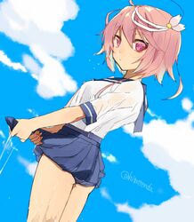  1girl ass clouds hair_ornament hita_(hitapita) i-58_(kantai_collection) kantai_collection looking_at_viewer pink_eyes pink_hair school_uniform serafuku short_hair skirt sky solo twitter_username wet wringing_clothes wringing_skirt 