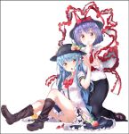  2girls amber_eyes apple blue_hair blush boots capelet food food_on_face fruit hat hat_ribbon hinanawi_tenshi kneeling long_hair multiple_girls nagae_iku open_mouth peach pink_eyes puffy_short_sleeves puffy_sleeves purple_hair ribbon shawl shirt short_sleeves sitting skirt strawberry touhou very_long_hair yukizumi_remon 