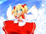  1girl aqua_eyes asaba_hiromu ascot blonde_hair bow fairy_wings fang hair_bow hair_ribbon hairband lolita_hairband looking_at_viewer outstretched_arms ribbon sky solo sparkle spread_arms sunny_milk touhou two_side_up wide_sleeves wings 