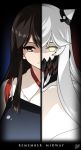  2girls akagi_(kantai_collection) brown_eyes brown_hair bust covered_mouth english face glowing glowing_eyes horns hyouju_issei japanese_clothes kantai_collection long_hair looking_at_viewer midway_hime multiple_girls muneate pale_skin payot serious shinkaisei-kan silver_hair split_screen text yellow_eyes 