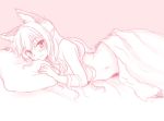  1girl animal_ears bed blush cat_ears gomi_(gomitin) kaenbyou_rin long_hair looking_at_viewer lying monochrome naked_sheet nude pillow pink pointy_ears smile solo touhou 
