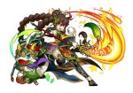  1girl braid brown_hair chinese_clothes food green_eyes guan_yinping_(p&amp;d) hair_ornament looking_at_viewer naginata nikuman official_art open_mouth polearm puzzle_&amp;_dragons smile solo twin_braids weapon winron 