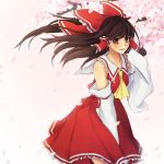  1girl amber_eyes ascot bare_shoulders bow brown_hair cherry_blossoms cowboy_shot detached_sleeves hair_bow hair_tubes hakurei_reimu hand_in_hair long_hair looking_at_viewer nemunemu_(bluelight5) nontraditional_miko open_mouth solo touhou 