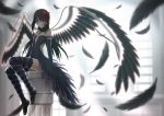  1girl akemi_homura akuma_homura black_gloves black_hair checkered checkered_legwear dress elbow_gloves feathers gloves long_hair mahou_shoujo_madoka_magica mahou_shoujo_madoka_magica_movie siraha solo spoilers violet_eyes wings 