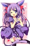  1girl ;d animal_ears black_legwear bow dress espeon forked_tail hair_bow hair_ribbon heart heart_hands long_hair looking_at_viewer open_mouth personification pokemon purple_dress purple_hair ribbon smile solo thighhighs twintails uguisu_mochi_(ykss35) violet_eyes wink zettai_ryouiki 