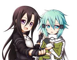  1boy 1girl black_hair blue_eyes blue_hair fingerless_gloves gloves highres kirito kuena long_hair scarf shinon_(sao) short_hair sword_art_online trap violet_eyes 