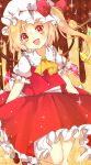  1girl :d ascot blonde_hair flandre_scarlet frills hat looking_at_viewer mob_cap mokyuko open_mouth red_eyes side_ponytail smile solo touhou wings 