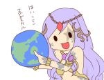  1girl :d aira_(exp) armlet bracelet chibi circle circlet dirt dirty_face earth facial_mark gaia_(p&amp;d) hair_ornament holding jewelry long_hair lowres open_mouth planet purple_hair puzzle_&amp;_dragons simple_background smile solid_circle_eyes solo star translation_request white_background 