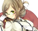  1girl blush brown_hair epaulettes folded_ponytail glasses green_eyes holding kantai_collection katori_(kantai_collection) koruta_(nekoimo) lips long_sleeves military military_uniform necktie pointer short_hair smile solo uniform 