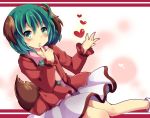  1girl ahoge animal_ears blush dog_ears dog_tail finger_to_mouth green_eyes green_hair heart kasodani_kyouko open_mouth parted_lips revision short_hair skirt solo tail touhou uguisu_mochi_(ykss35) 