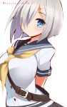  1girl 9law arms_behind_back blue_eyes blush breasts bust hair_ornament hair_over_one_eye hairclip hamakaze_(kantai_collection) highres kantai_collection large_breasts looking_at_viewer school_uniform serafuku short_hair silver_hair solo strap_cleavage twitter_username white_background 