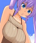  1girl blue_eyes breasts from_below large_breasts long_hair looking_at_viewer momo_(fruits_box) original parted_lips purple_hair ribbed_sweater solo sweater twintails 