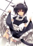  1girl animal_ears black_hair brown_eyes cat_ears cat_tail dress dress_lift from_below garter_straps looking_at_viewer maid mizuki_(pixiv2254368) original panties short_hair solo tail underwear v white_legwear white_panties 